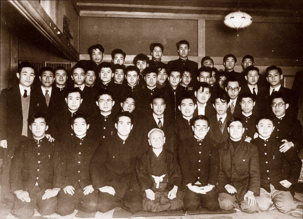 Waseda University Karate Club, 1953 with Captain Tsutomu Ohshima sitting on Master Funakoshi's right.