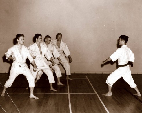 Ohshima Sensei leading down block practice in the Caltech gym during early years.