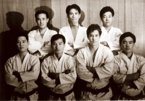 Senior Black Belts of the SCKA: Front row L-R; Shoji Okabe, Yoshiaki Yamagami, Calyor Adkins, James Sagawa. Back row; Mamoru Ohara, Tsutomu Ohshima, Sadaharu Honda. Missing; Jordan Roth.